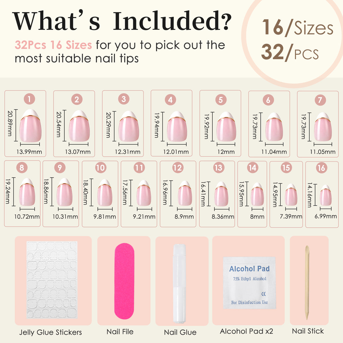 French Tip Press On Nails, Short Almond 32Pcs 16 Sizes Fake Nails | Reusable Stick-On Nails with Glue, 3 Weeks Wear,Salon-Quality Natural Fake Nails,Curved Fit,Nude Pink & White with Gold Line