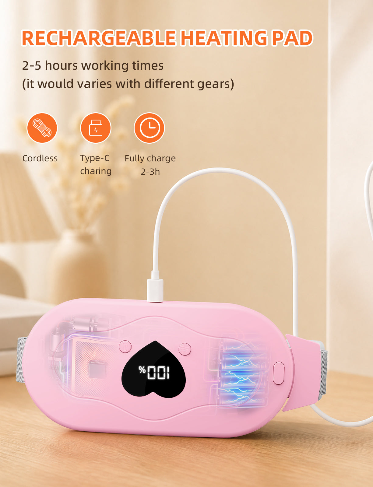 Glyduny Portable Heart Heating Pads, 6 Heat & Massage Modes 3S Fast Heating Electric Cordless Heat Pad, 30/60 Mins Auto Shut Off, Back or Belly Heating Pad Ideal Gift for Women, (Pink-6602)