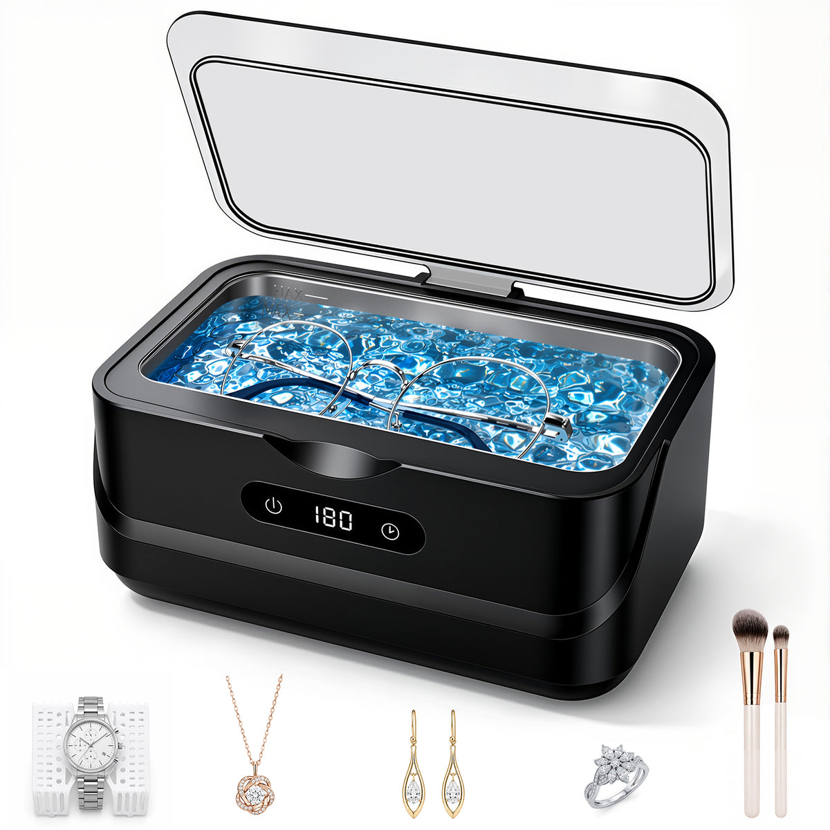 EXTAFIY Ultrasonic Jewelry Cleaner 48KHz Ultra Sonic Cleaning Machine| For Ring/Eyeglass/Silver Jewelry/Watch Band/Earring/Dentures/Retainers 4 Cleaning Modes & Display 400ml 304 Tank Gift for Women