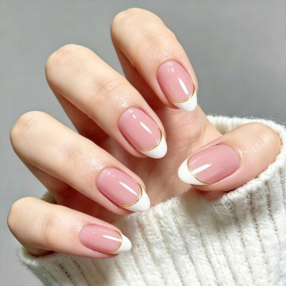 French Tip Press On Nails, Short Almond 32Pcs 16 Sizes Fake Nails | Reusable Stick-On Nails with Glue, 3 Weeks Wear,Salon-Quality Natural Fake Nails,Curved Fit,Nude Pink & White with Gold Line