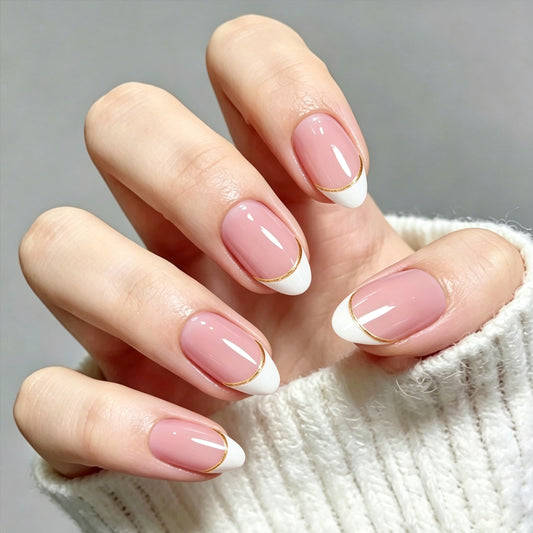 French Tip Press On Nails, Short Almond 32Pcs 16 Sizes Fake Nails | Reusable Stick-On Nails with Glue, 3 Weeks Wear,Salon-Quality Natural Fake Nails,Curved Fit,Nude Pink & White with Gold Line