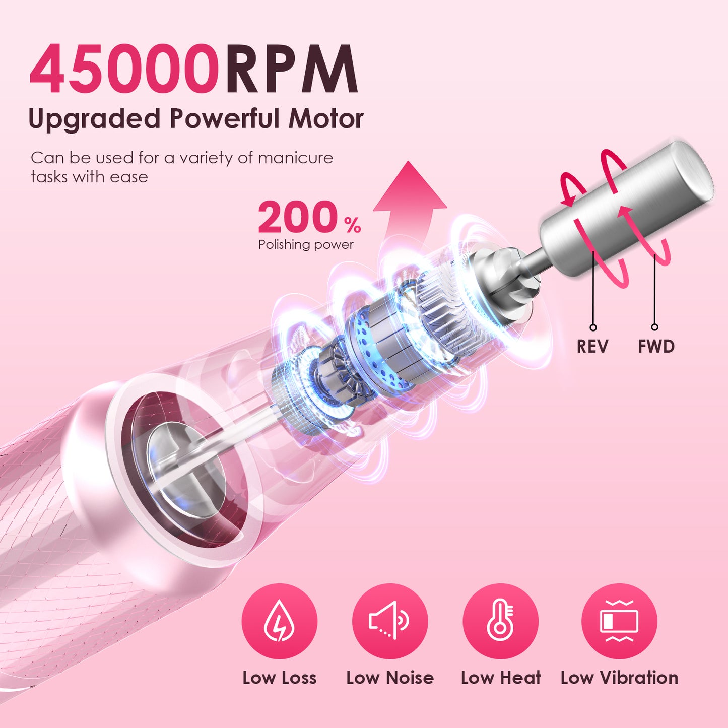 Professional Electric Nail Drill 45000RPM Cordless Nail File | Portable & Rechargeable, 11 Drill Bits, for Shaping, Polishing & Removing Gel Nails for Salon Home