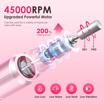 Professional Electric Nail Drill 45000RPM Cordless Nail File | Portable & Rechargeable, 11 Drill Bits, for Shaping, Polishing & Removing Gel Nails for Salon Home