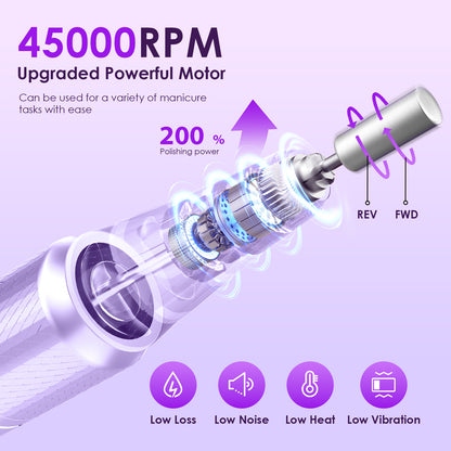 Professional Electric Nail Drill 45000RPM Cordless Nail File | Portable & Rechargeable, 11 Drill Bits, for Shaping, Polishing & Removing Gel Nails for Salon Home