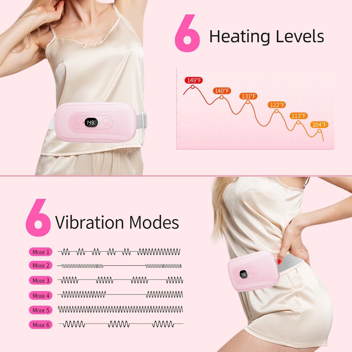 Portable Heating Pad Period Cramps: 2 Timer 6 Heat Levels 6 Vibration Modes Cordless Electric Heating Pad 3s Fast Heating Menstrual Heating Pad (Light Pink)
