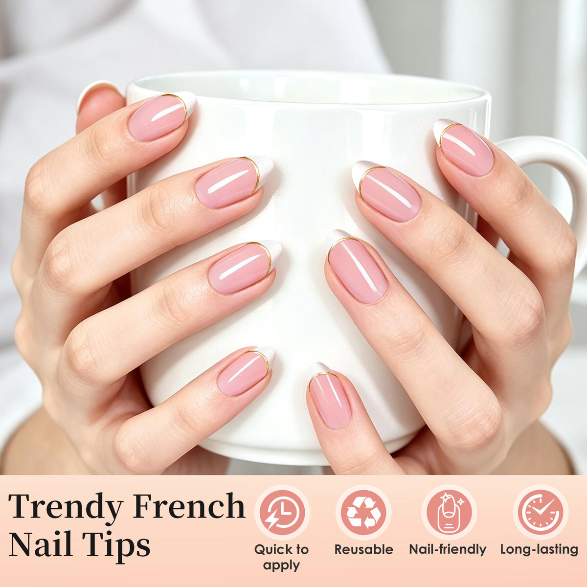 French Tip Press On Nails, Short Almond 32Pcs 16 Sizes Fake Nails | Reusable Stick-On Nails with Glue, 3 Weeks Wear,Salon-Quality Natural Fake Nails,Curved Fit,Nude Pink & White with Gold Line