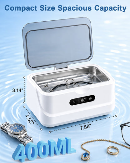 EXTAFIY Ultrasonic Jewelry Cleaner 48KHz Ultra Sonic Cleaning Machine| For Ring/Eyeglass/Silver Jewelry/Watch Band/Earring/Dentures/Retainers 4 Cleaning Modes & Display 400ml 304 Tank Gift for Women