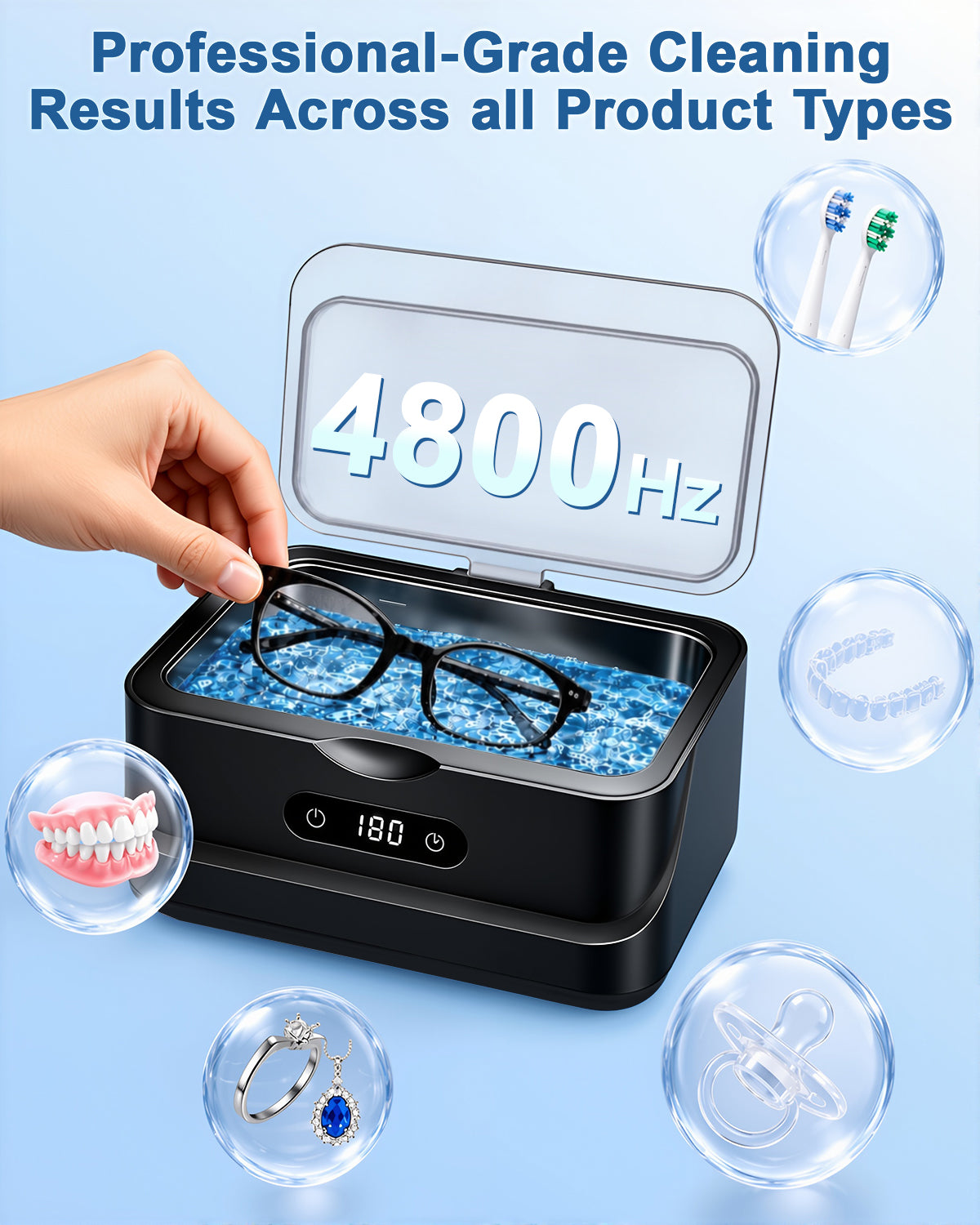 EXTAFIY Ultrasonic Jewelry Cleaner 48KHz Ultra Sonic Cleaning Machine| For Ring/Eyeglass/Silver Jewelry/Watch Band/Earring/Dentures/Retainers 4 Cleaning Modes & Display 400ml 304 Tank Gift for Women Black