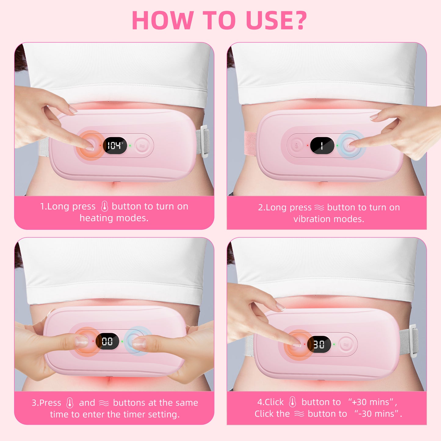 Portable Heating Pad Period Cramps: 2 Timer 6 Heat Levels 6 Vibration Modes Cordless Electric Heating Pad 3s Fast Heating Menstrual Heating Pad (Light Pink)