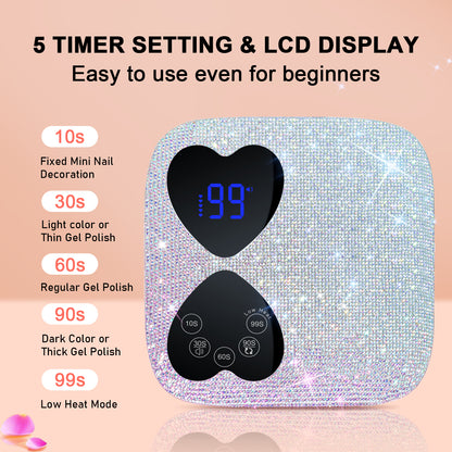 UV LED Nail Lamp Cordless, HUITINE 80W Rechargeable UV Light for Gel Nails | Professional Gel Light Dryer with 5 Timers & Mirror Base, Sparkling Rhinestones Diamond Curing Lamp for Salon & Home