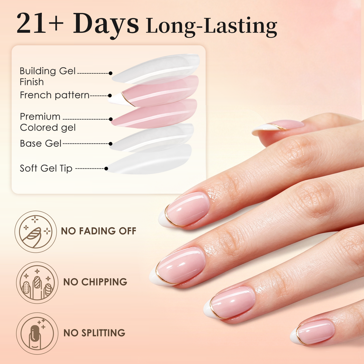 French Tip Press On Nails, Short Almond 32Pcs 16 Sizes Fake Nails | Reusable Stick-On Nails with Glue, 3 Weeks Wear,Salon-Quality Natural Fake Nails,Curved Fit,Nude Pink & White with Gold Line