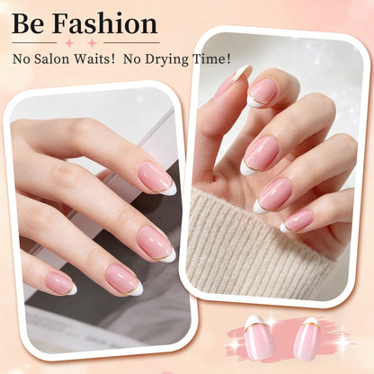 French Tip Press On Nails, Short Almond 32Pcs 16 Sizes Fake Nails | Reusable Stick-On Nails with Glue, 3 Weeks Wear,Salon-Quality Natural Fake Nails,Curved Fit,Nude Pink & White with Gold Line