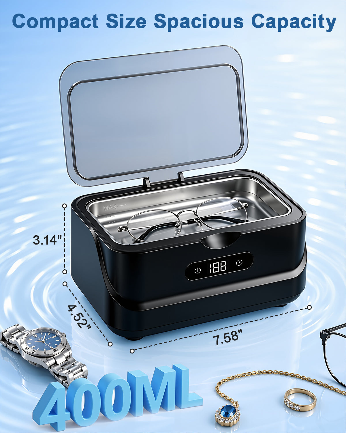 EXTAFIY Ultrasonic Jewelry Cleaner 48KHz Ultra Sonic Cleaning Machine| For Ring/Eyeglass/Silver Jewelry/Watch Band/Earring/Dentures/Retainers 4 Cleaning Modes & Display 400ml 304 Tank Gift for Women