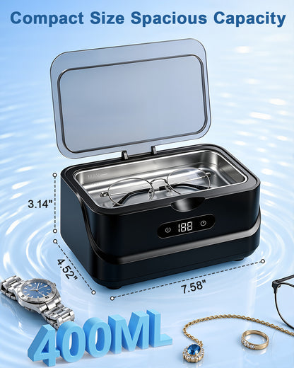 EXTAFIY Ultrasonic Jewelry Cleaner 48KHz Ultra Sonic Cleaning Machine| For Ring/Eyeglass/Silver Jewelry/Watch Band/Earring/Dentures/Retainers 4 Cleaning Modes & Display 400ml 304 Tank Gift for Women