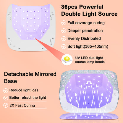 UV LED Nail Lamp Cordless, HUITINE 80W Rechargeable UV Light for Gel Nails | Professional Gel Light Dryer with 5 Timers & Mirror Base, Sparkling Rhinestones Diamond Curing Lamp for Salon & Home