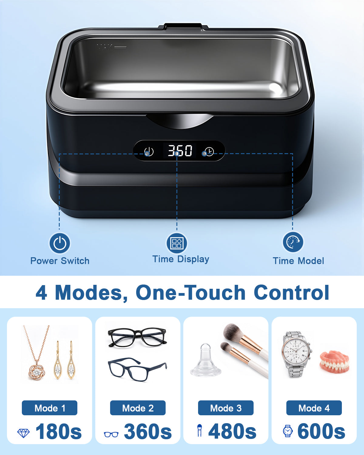 EXTAFIY Ultrasonic Jewelry Cleaner 48KHz Ultra Sonic Cleaning Machine| For Ring/Eyeglass/Silver Jewelry/Watch Band/Earring/Dentures/Retainers 4 Cleaning Modes & Display 400ml 304 Tank Gift for Women Black