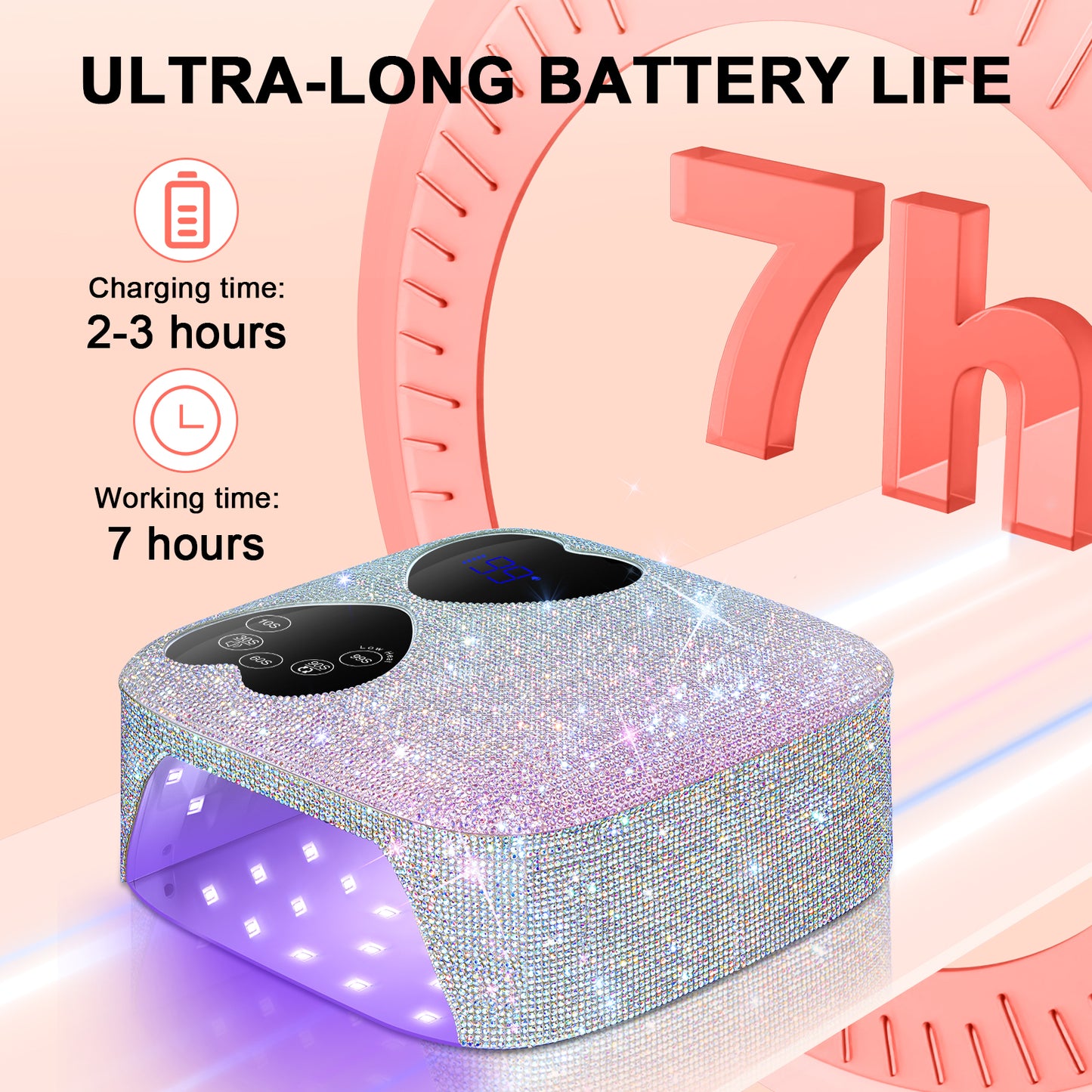 UV LED Nail Lamp Cordless, HUITINE 80W Rechargeable UV Light for Gel Nails | Professional Gel Light Dryer with 5 Timers & Mirror Base, Sparkling Rhinestones Diamond Curing Lamp for Salon & Home