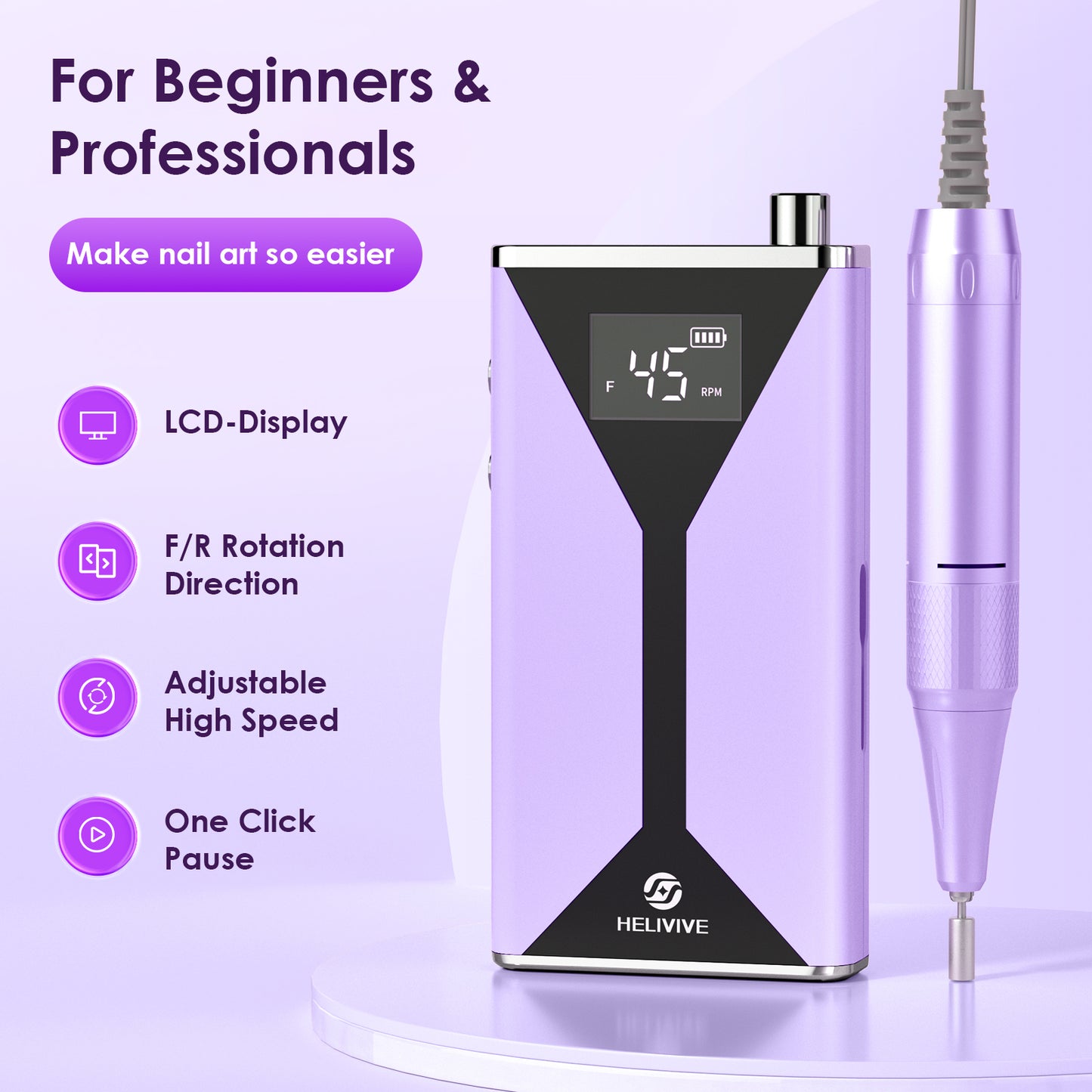 Professional Electric Nail Drill 45000RPM Cordless Nail File | Portable & Rechargeable, 11 Drill Bits, for Shaping, Polishing & Removing Gel Nails for Salon Home