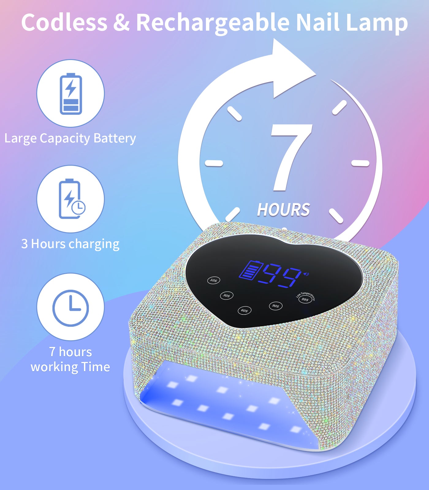 HUGMAPLE Cordless UV Nail Lamp 72W，Rechargeable Diamond LED Nail Dryer | Fast Nail Light Curing Lamp for All gel nails with 5 Timer Setting, Touch Control & Auto Sensor for Salon & Home