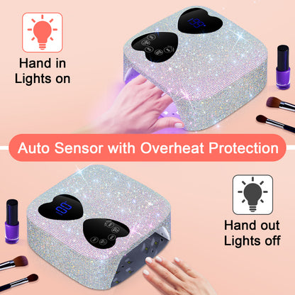 UV LED Nail Lamp Cordless, HUITINE 80W Rechargeable UV Light for Gel Nails | Professional Gel Light Dryer with 5 Timers & Mirror Base, Sparkling Rhinestones Diamond Curing Lamp for Salon & Home