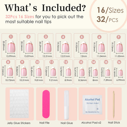 French Tip Press On Nails, Short Almond 32Pcs 16 Sizes Fake Nails | Reusable Stick-On Nails with Glue, 3 Weeks Wear,Salon-Quality Natural Fake Nails,Curved Fit,Nude Pink & White with Gold Line