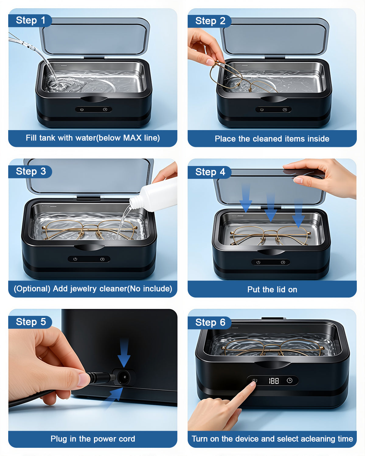 EXTAFIY Ultrasonic Jewelry Cleaner 48KHz Ultra Sonic Cleaning Machine| For Ring/Eyeglass/Silver Jewelry/Watch Band/Earring/Dentures/Retainers 4 Cleaning Modes & Display 400ml 304 Tank Gift for Women Black