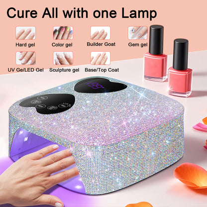 UV LED Nail Lamp Cordless, HUITINE 80W Rechargeable UV Light for Gel Nails | Professional Gel Light Dryer with 5 Timers & Mirror Base, Sparkling Rhinestones Diamond Curing Lamp for Salon & Home