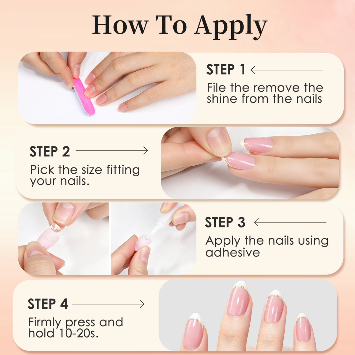 French Tip Press On Nails, Short Almond 32Pcs 16 Sizes Fake Nails | Reusable Stick-On Nails with Glue, 3 Weeks Wear,Salon-Quality Natural Fake Nails,Curved Fit,Nude Pink & White with Gold Line