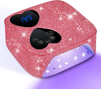 UV LED Nail Lamp Cordless, HUITINE 80W Rechargeable UV Light for Gel Nails | Professional Gel Light Dryer with 5 Timers & Mirror Base, Sparkling Rhinestones Diamond Curing Lamp for Salon & Home