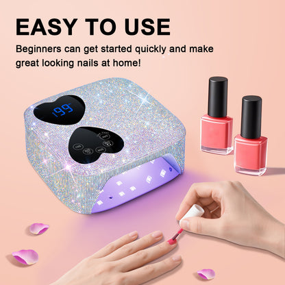 UV LED Nail Lamp Cordless, HUITINE 80W Rechargeable UV Light for Gel Nails | Professional Gel Light Dryer with 5 Timers & Mirror Base, Sparkling Rhinestones Diamond Curing Lamp for Salon & Home