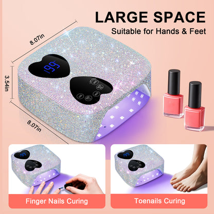 UV LED Nail Lamp Cordless, HUITINE 80W Rechargeable UV Light for Gel Nails | Professional Gel Light Dryer with 5 Timers & Mirror Base, Sparkling Rhinestones Diamond Curing Lamp for Salon & Home