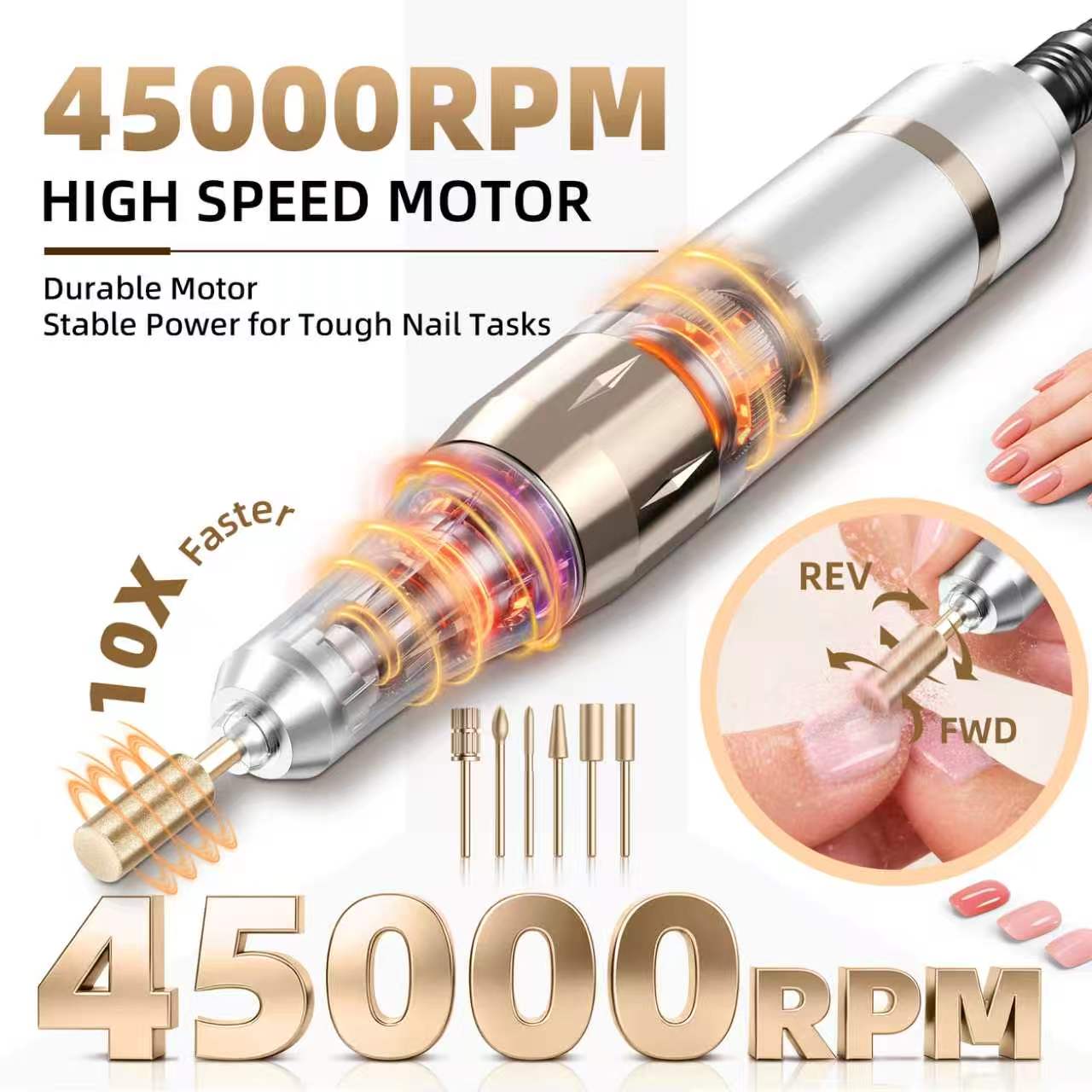 Professional Electric Nail Drill Rechargeable Nail File | for Acrylic & Gel, High Speed 45000RPM, Cordless, Portable Gel Polish Removal E file, Beginner Friendly, for Beauty Lovers
